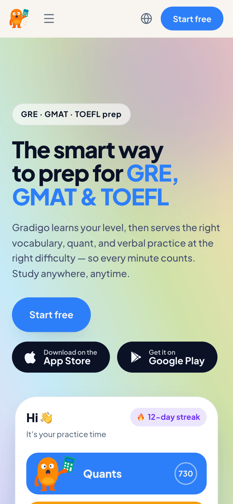 The public Gradigo home page on a phone: a GRE, GMAT and TOEFL prep label and headline, a button to start for free, App Store and Google Play badges, and below them a preview of the app screen showing a twelve-day study streak and a Quants card scored 730.